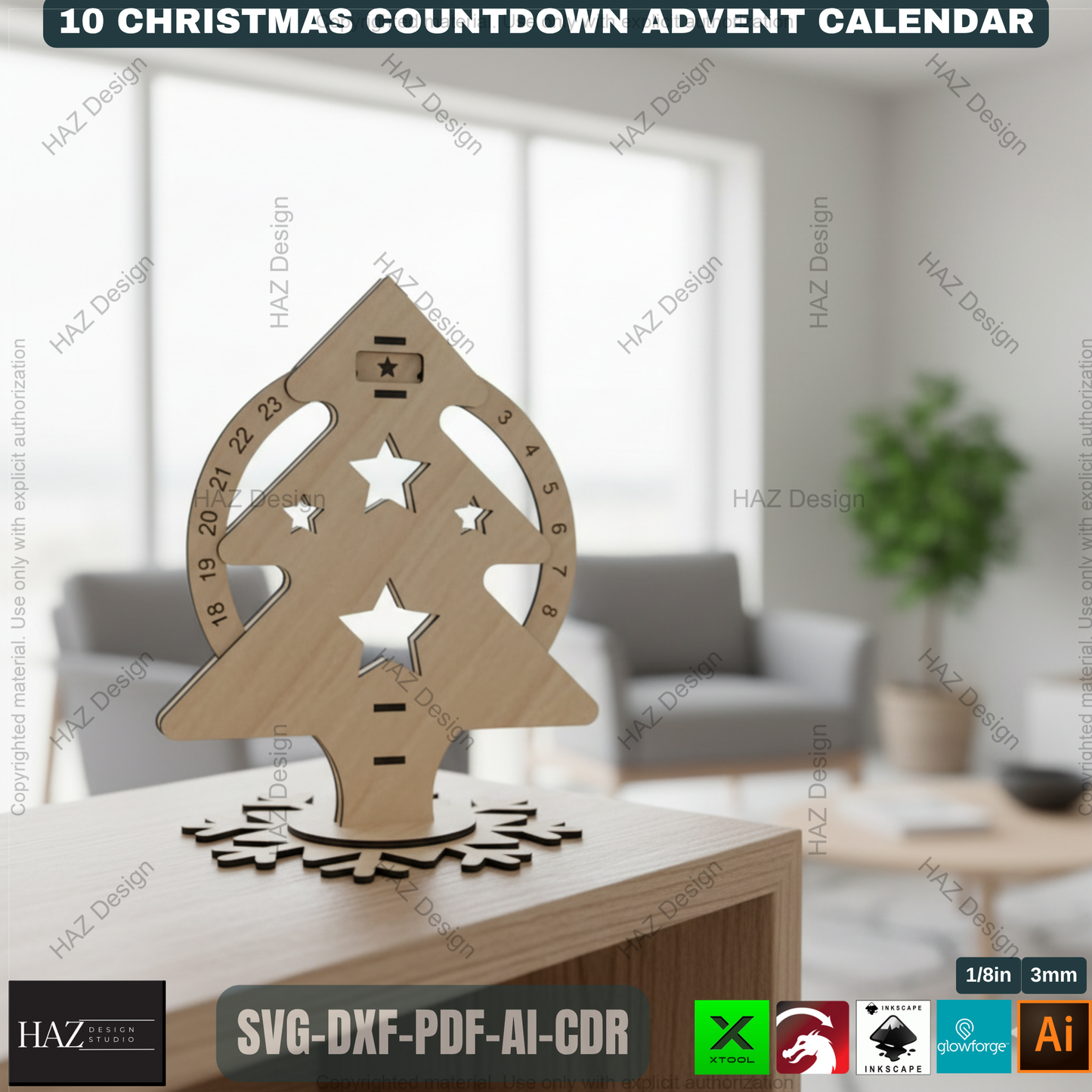 Festive Countdown Advent Calendar Laser Cut Files, Wooden Christmas Decor Template for Glowforge & Xtool, Holiday Craft Project 498