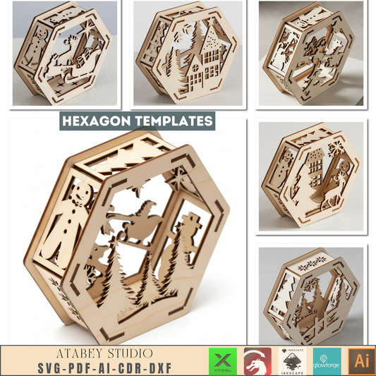Hexagon Christmas Decor SVG Template - Laser Cut Lanterns - Winter Scene for Holiday Home Decor and Cozy Candle Glow 957