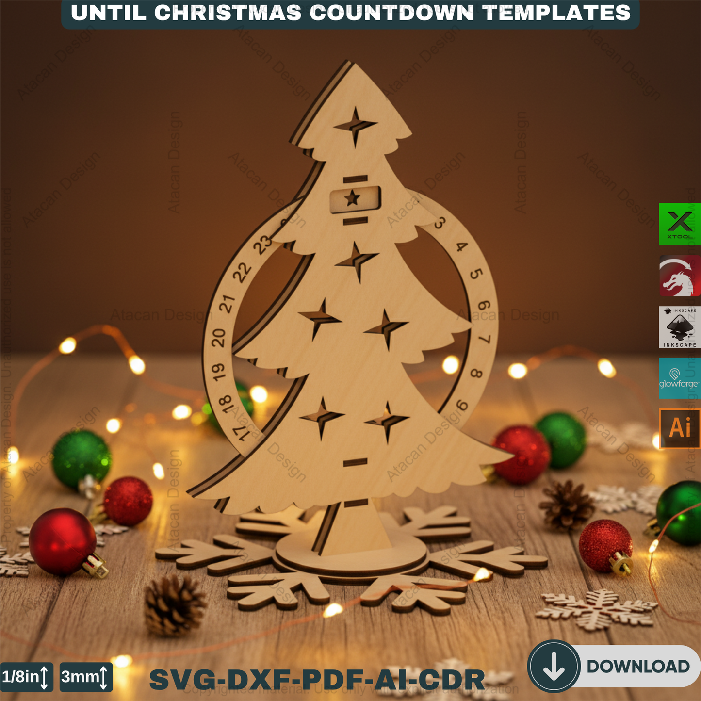 Christmas Tree Advent Calendar Laser Cut Template Bundle Wooden Countdown Stand Glowforge Xtool Files 915
