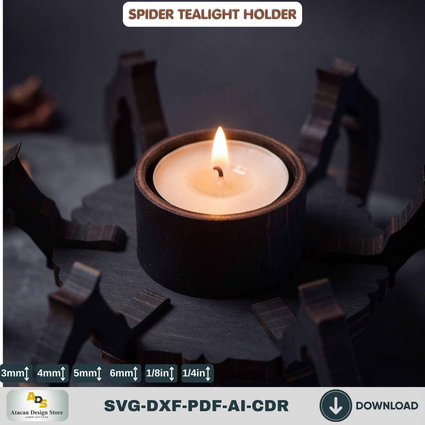 Spider Tealight Holder Halloween Candle Laser Cut Wood Template SVG File