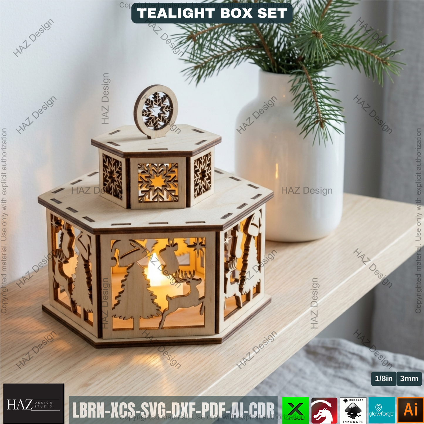 Festive Tealight Lanterns  – Christmas Candle Holder with Lid - Laser Cut Tabletop Decor - Tealight Box Lights 504