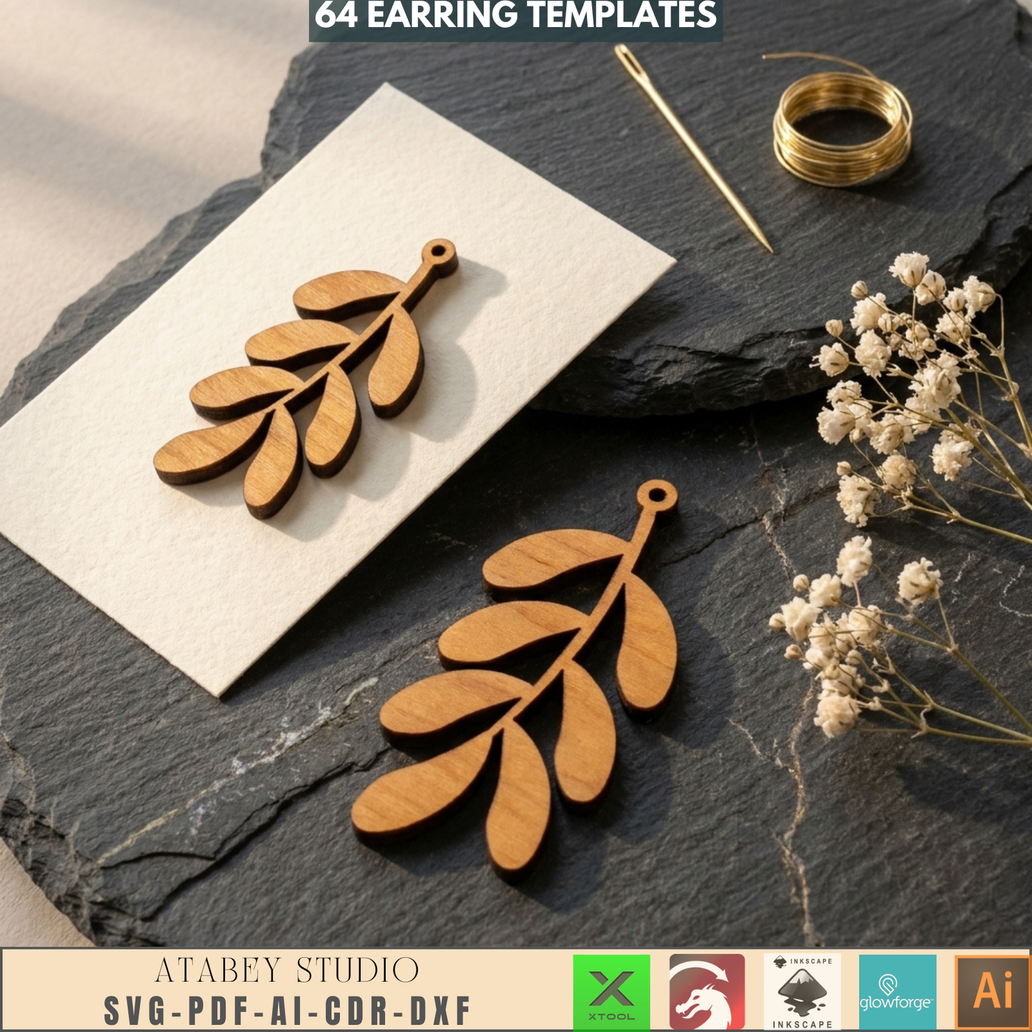 64 Earring Bundle Jewelry Making Templates DIY Wood Earrings Geometric Nature Shapes Floral Pattern