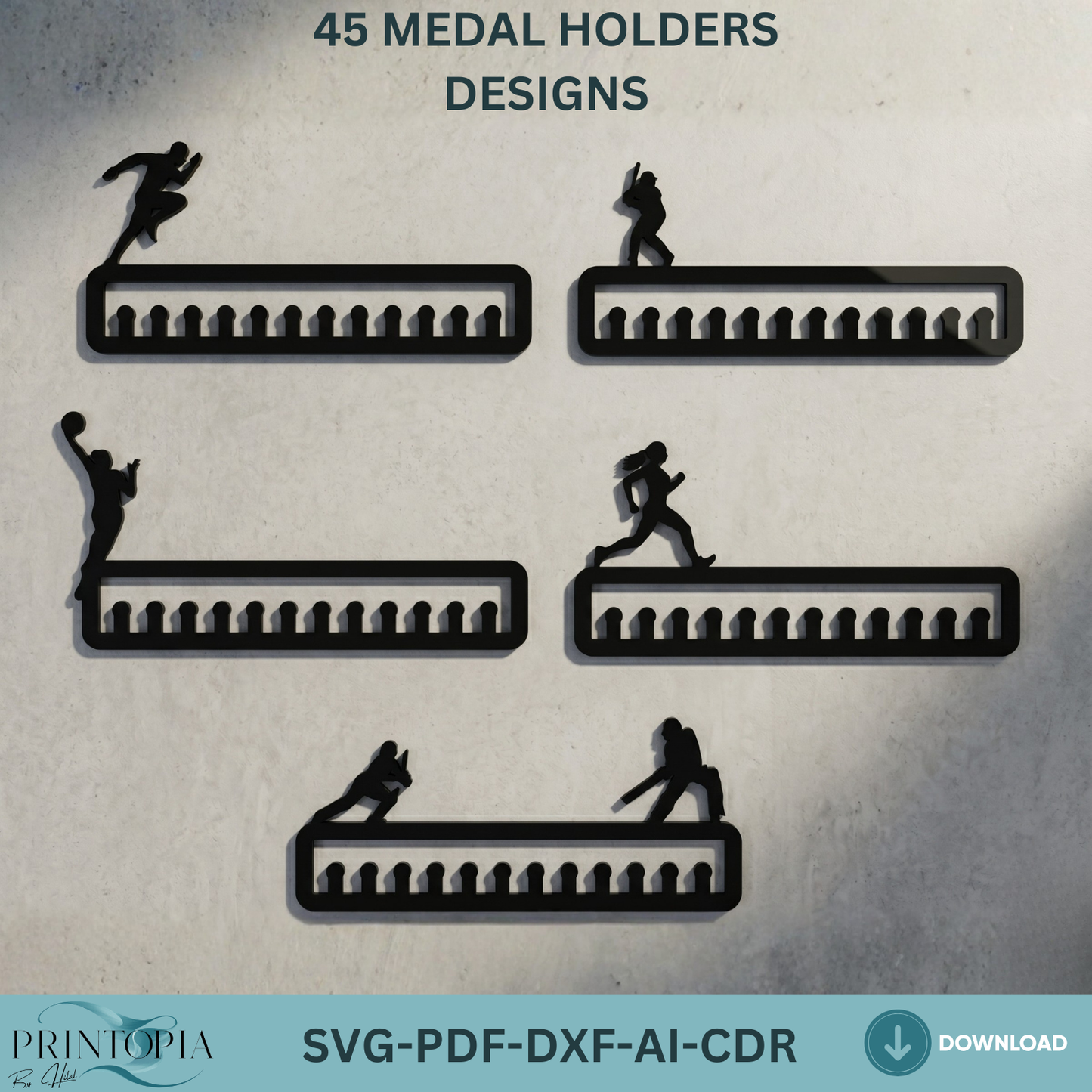 45 Medal Holder Designs SVG Bundle, Acrylic Sport Awards Hanger Templates, Trophy Medals Rack,