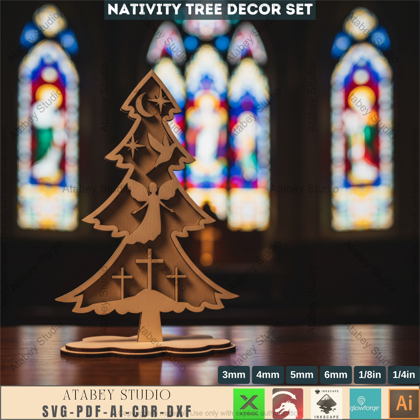 Laser Cut Nativity Tree Decor Set, 3D Standing Faith Christmas Ornaments, Wooden Tabletop Cross Tree SVG 966