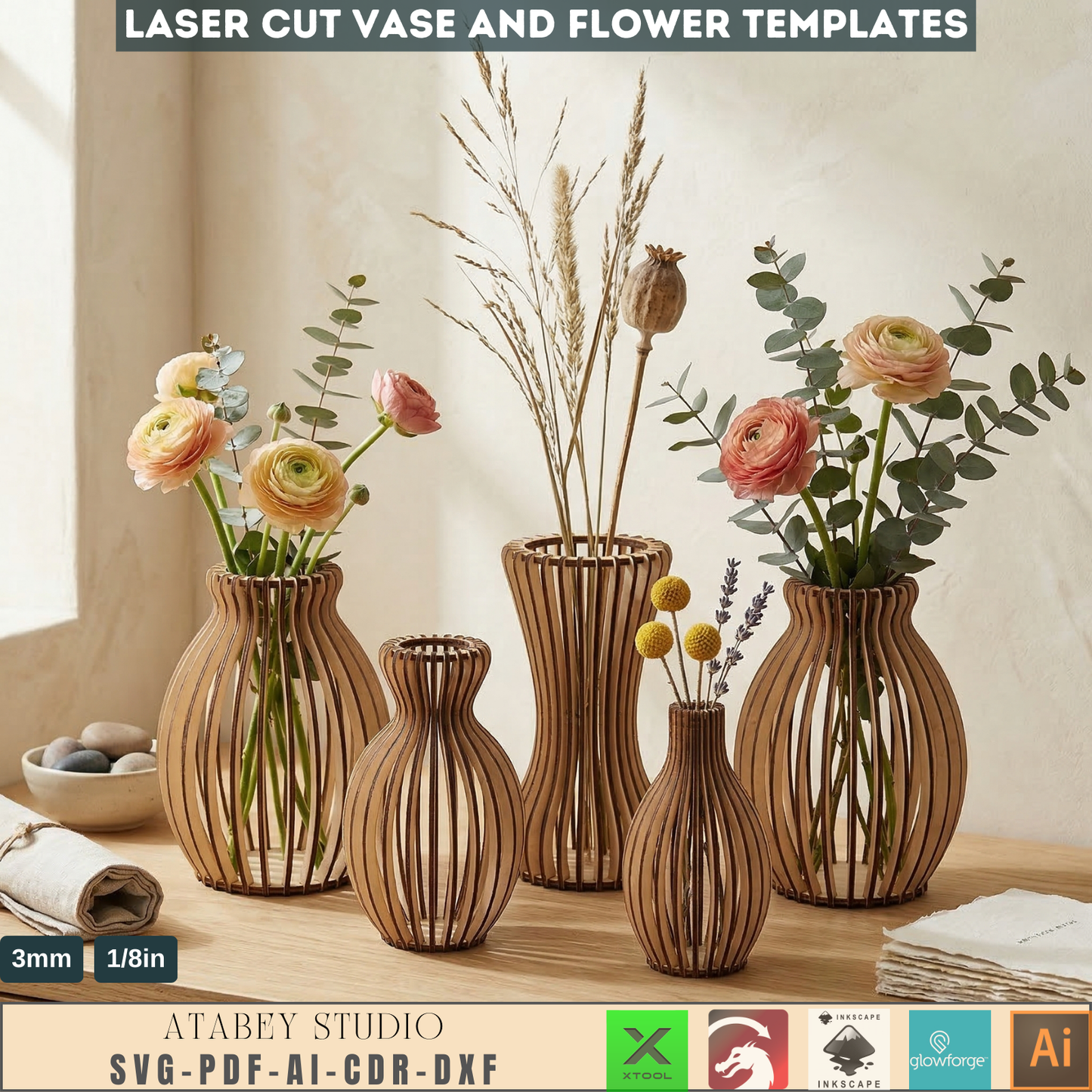 Vases and Wildflower Templates, Layered Floral Table Decor Cutting Files, Wood Flower Bouquet 998