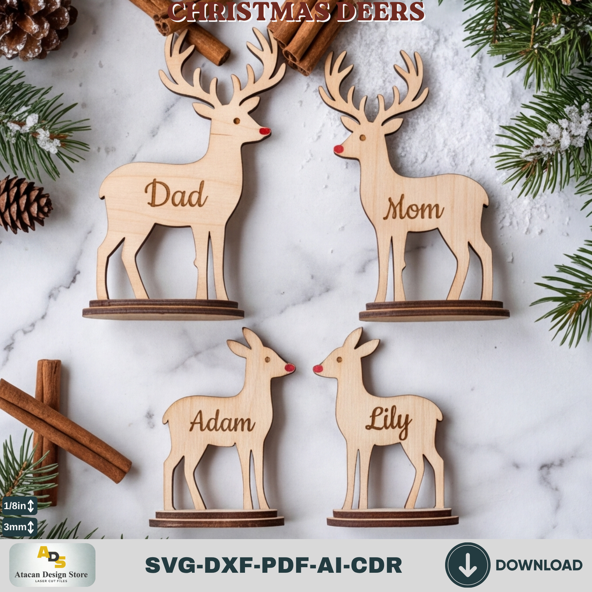Wooden Deer Laser Cut Bundle – 3 Freestanding Reindeer Designs 983