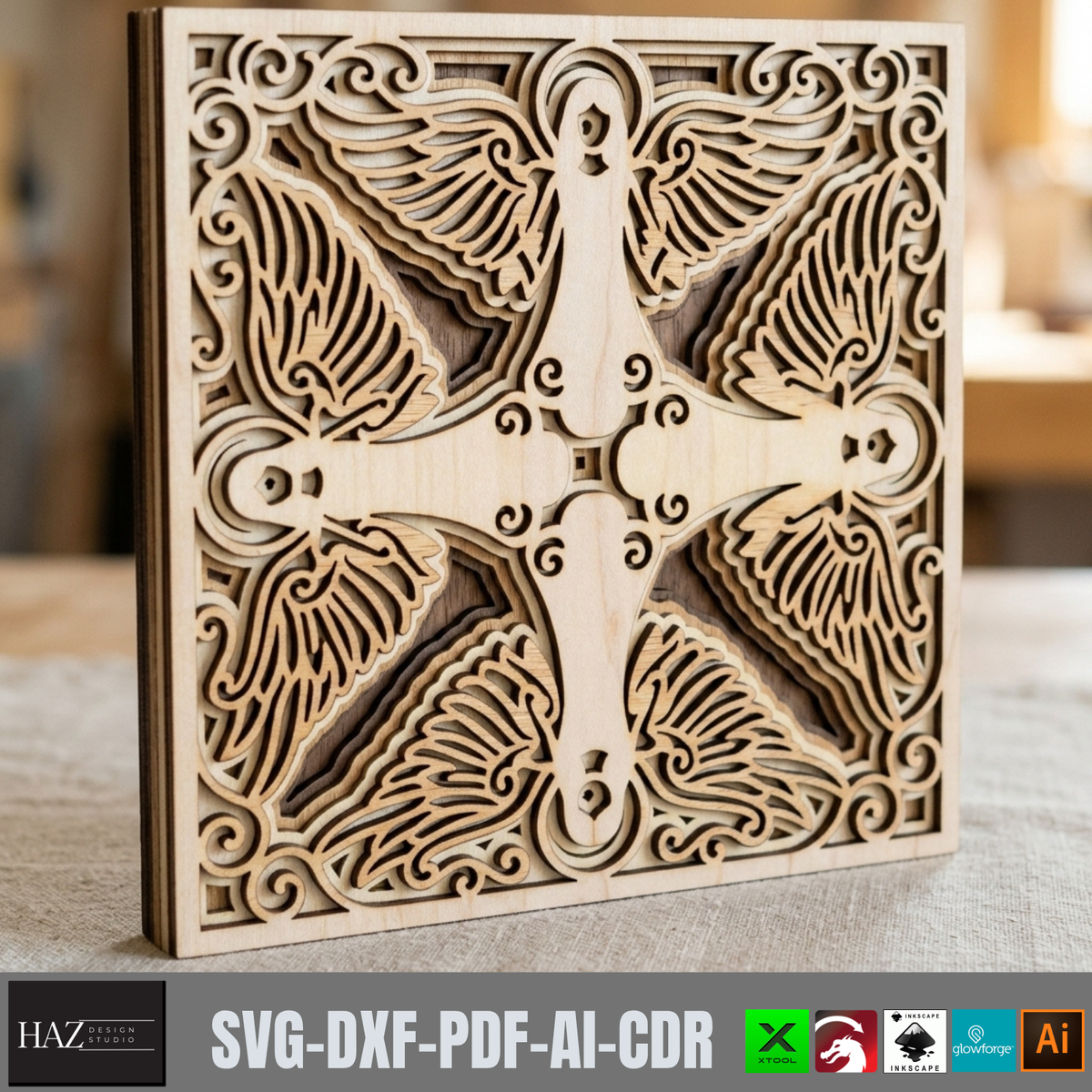 Four Angels Wooden Laser Cut Template, Religious Mandala Art, Layered Plywood Christmas Angel Decor