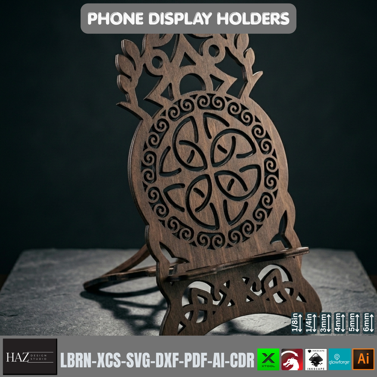 Celtic Viking Phone Stand Laser Cut File Set 9 Designs Wood Holder 562