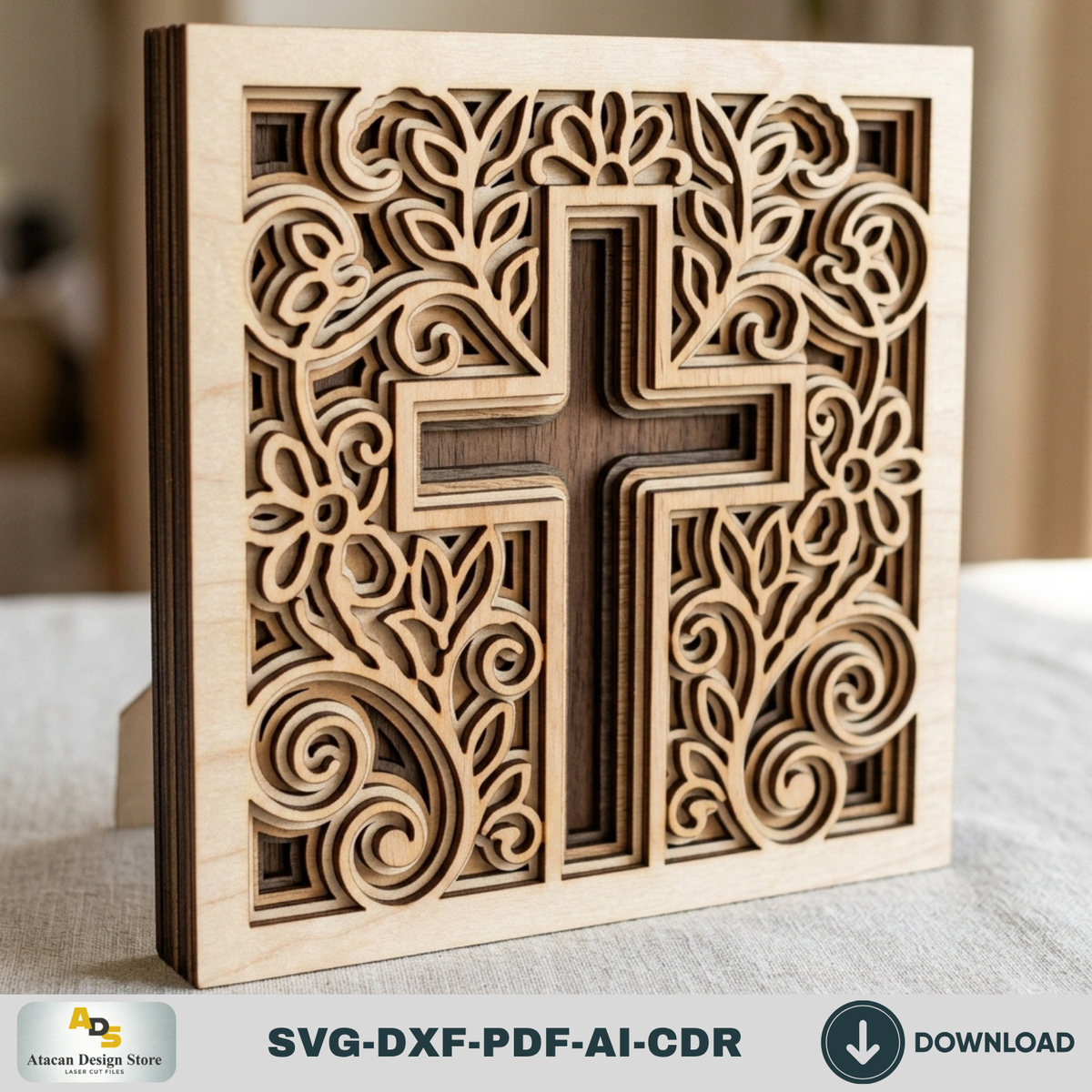 3D Christian Cross Laser Cut Plywood Template, Easter Faith Decor 1000