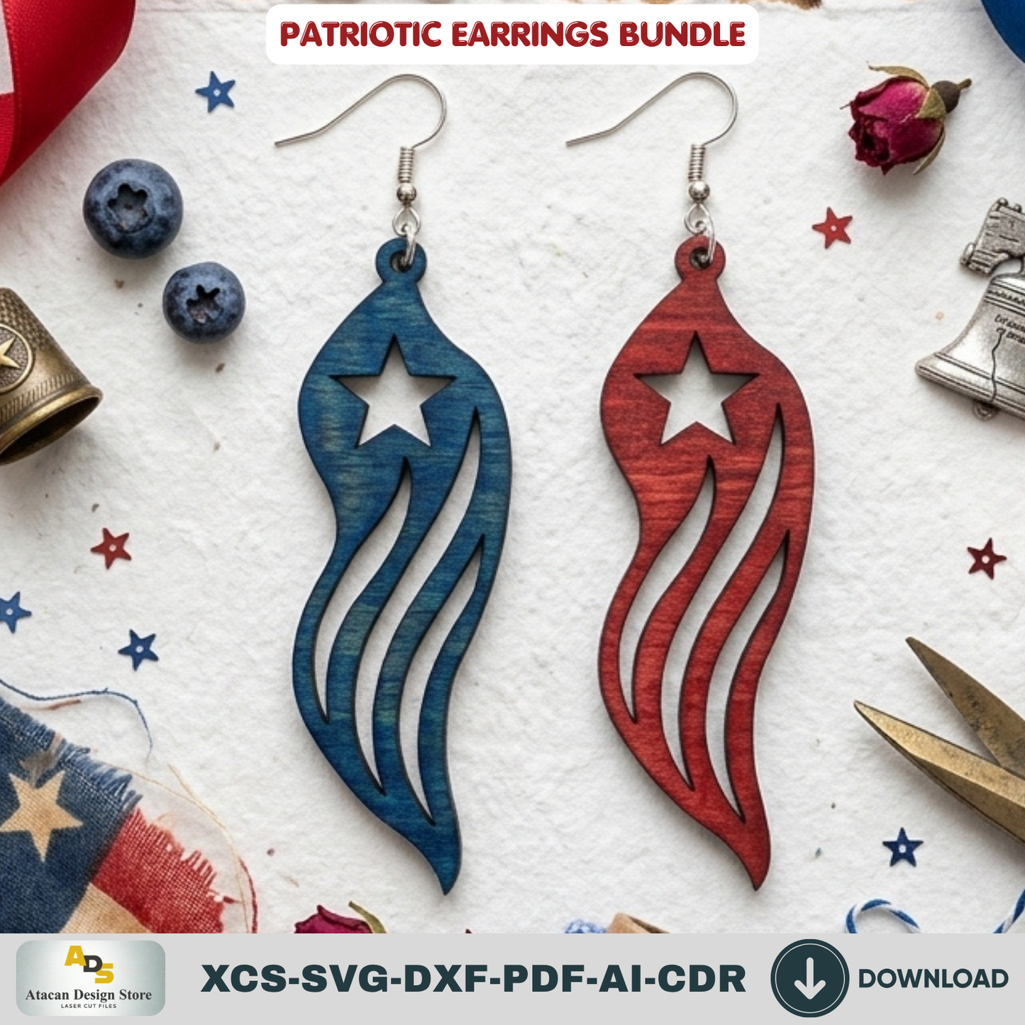 Patriotic Earrings Laser Cut Bundle, 4th of July USA Flag Acrylic Jewelry Template, Veteran Gift Design