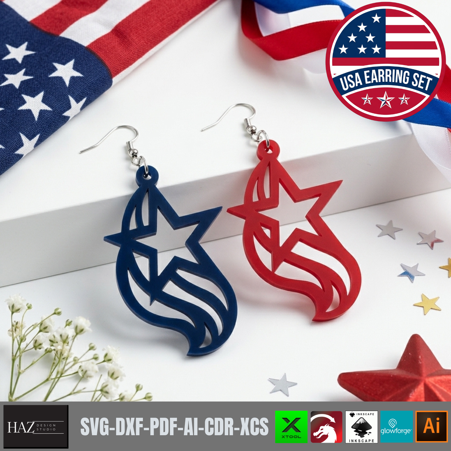 Patriotic Earring SVG Bundle, 4th of July Laser Cut Templates, USA Flag Acrylic Jewelry
