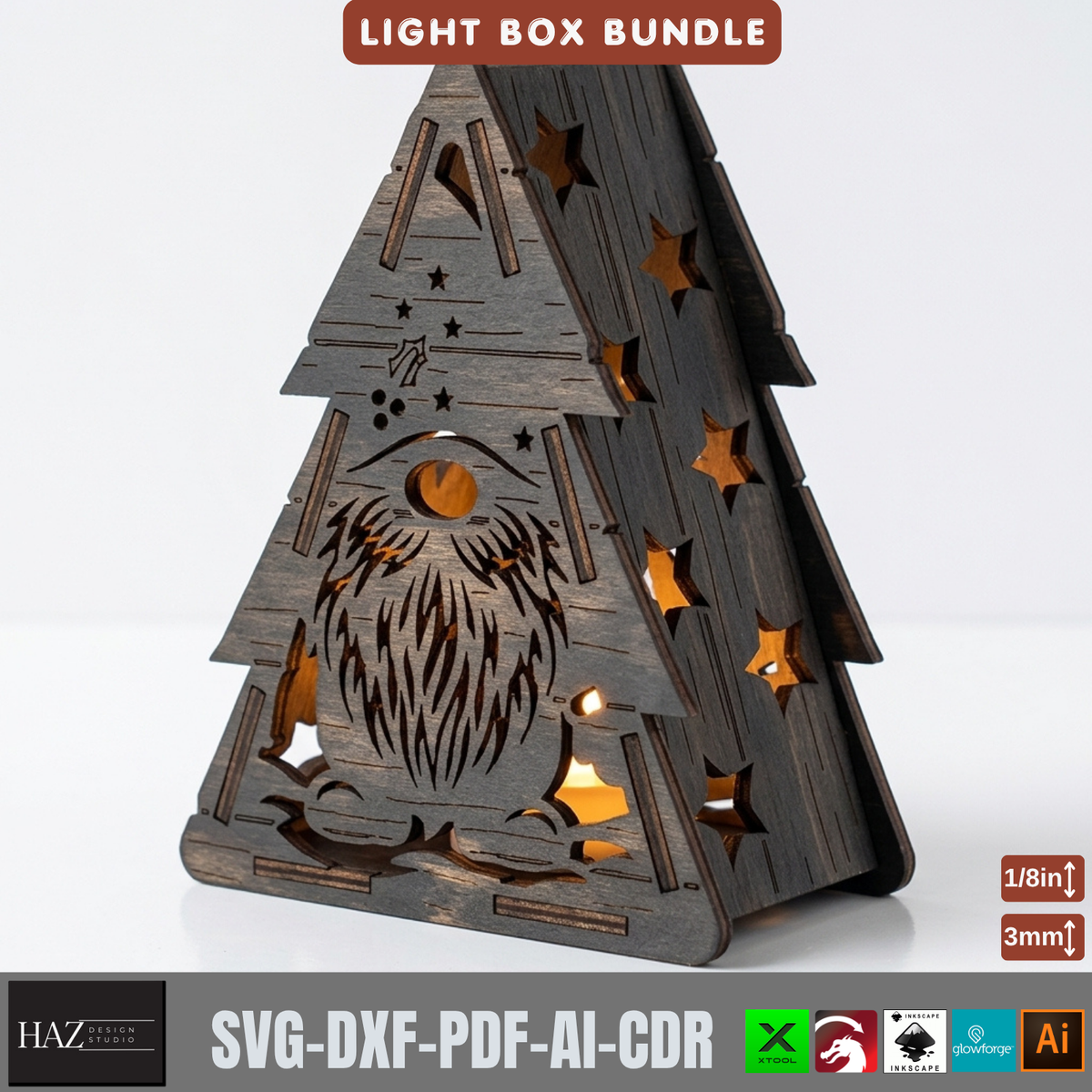 Wooden Christmas Light Box SVG Bundle, 9 Tealight Candle Holder Templates, Laser Cut Xmas Decor 580