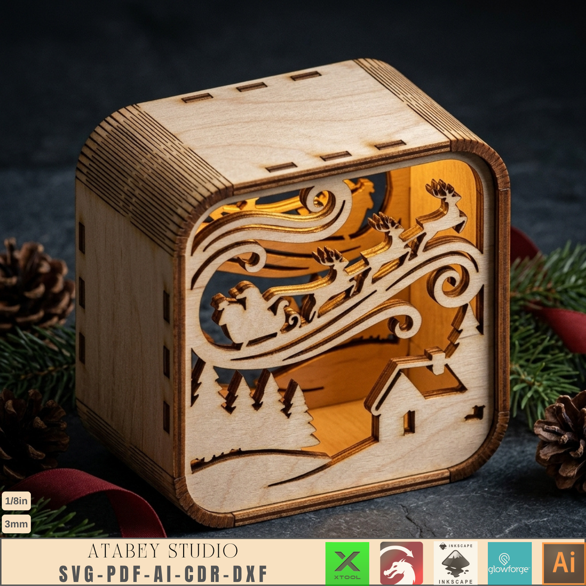 Wooden Christmas Shadow Box Lantern, Reindeer Santa Sleigh Candle Box Plans, Xmas Mantel Laser File