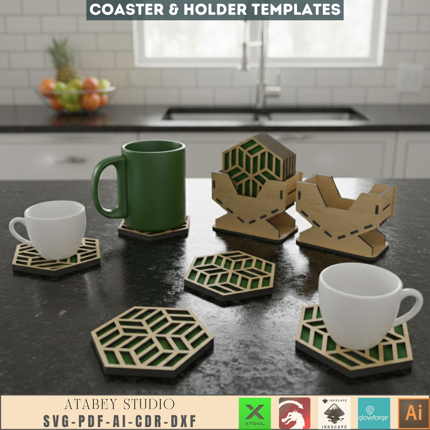 Laser Cut Coaster & Holder SVG Bundle for Home Decor, Hexagon Geometric Drink Coasters with Storage Rack Digital Files 552