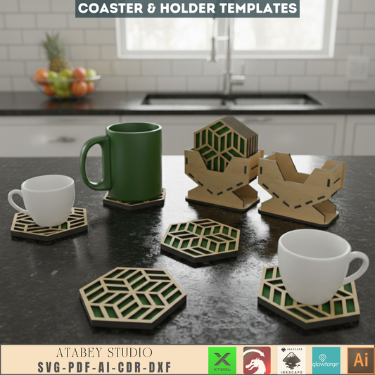 Laser Cut Coaster & Holder SVG Bundle for Home Decor, Hexagon Geometric Drink Coasters with Storage Rack Digital Files 552