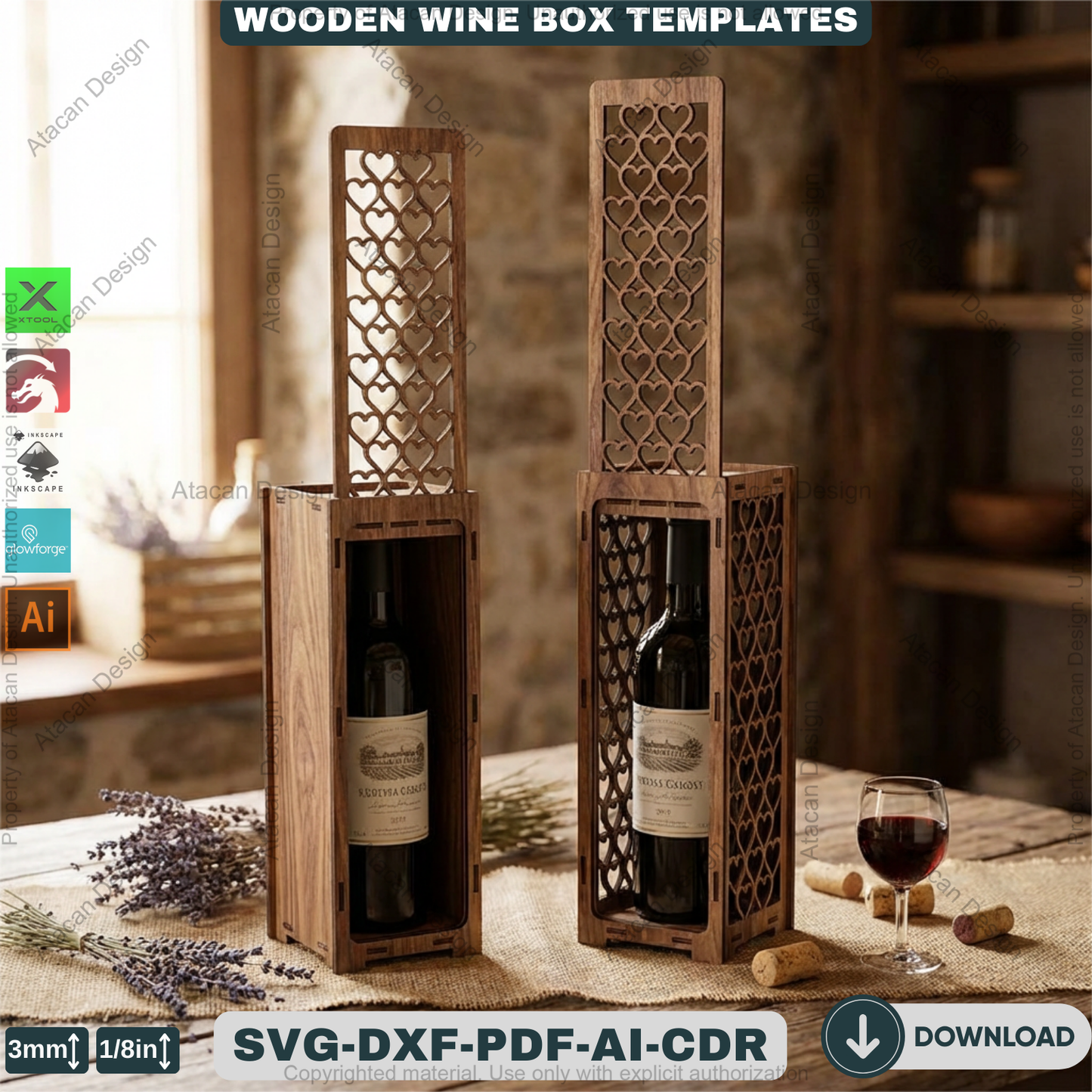 Laser Cut Wine Box Template Bundle, Wooden Bottle Carrier Pattern, Decorative Gift Holder Plan, CNC Cutting Design, Wedding Gift Box Project 935