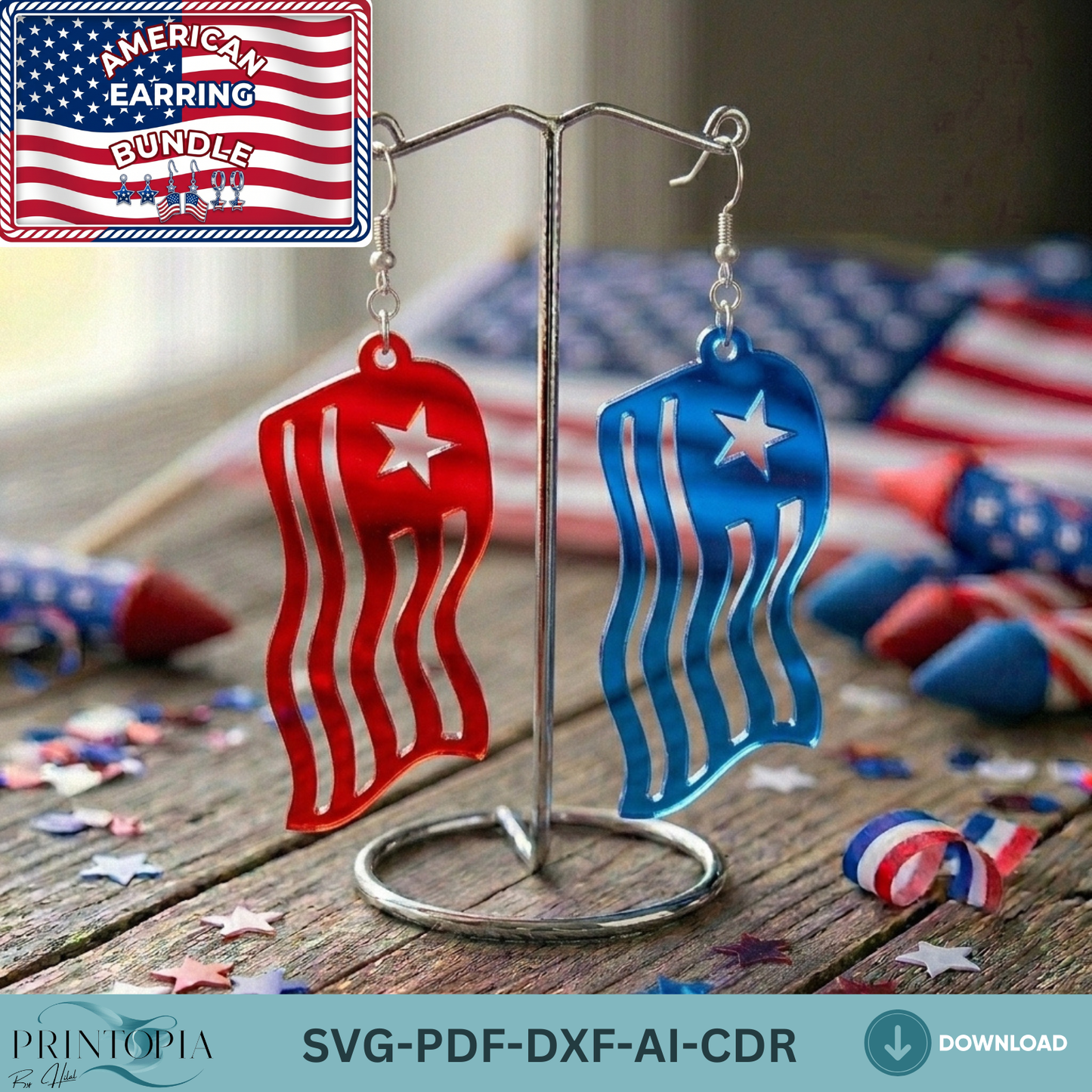 Patriotic Earring SVG Bundle, 4th of July Laser Cut File, USA Flag Acrylic Earrings DXF