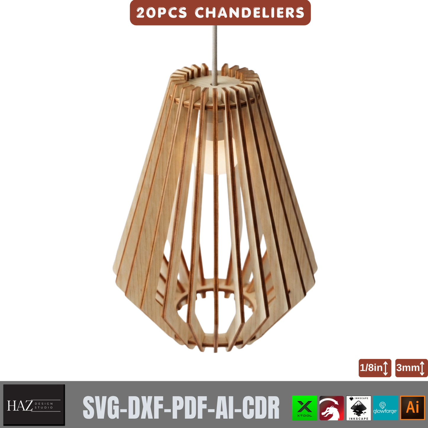 20 Piece Wooden Chandelier Pendant Lamp Laser Cut SVG Template Set Plywood 566
