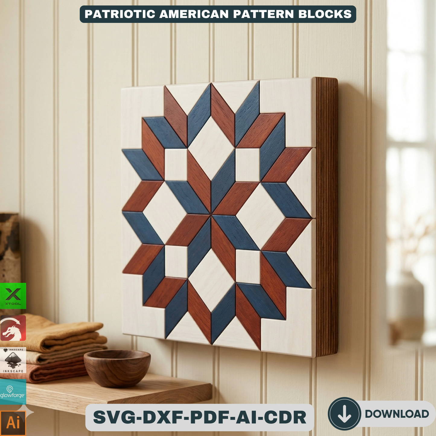 Patriotic American Barn Quilt Wall Decor Fourth of July Wooden Sign Geometric Star Block Patterns 943