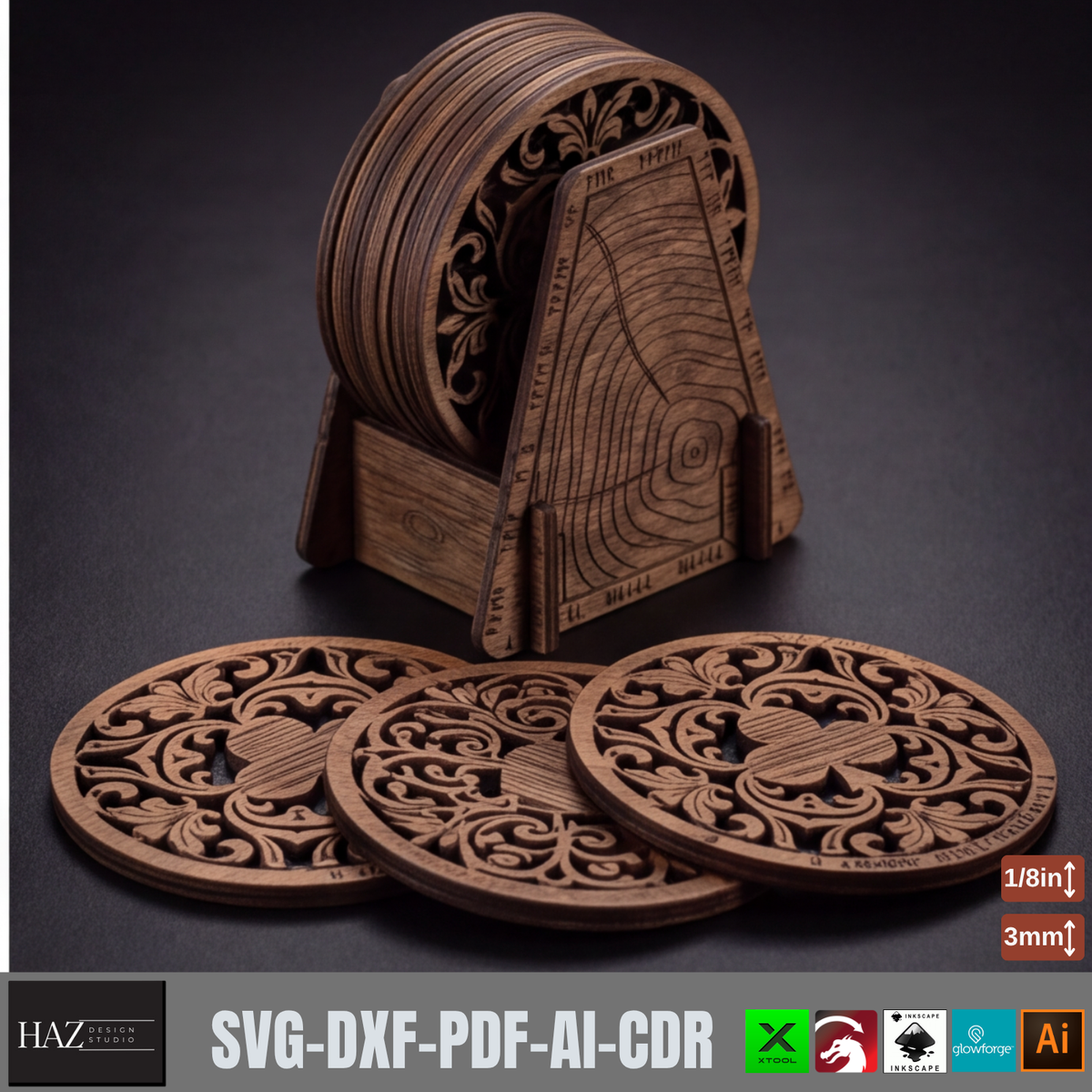 Viking Playing Card Coaster Templates, Rustic Norse Knotwork Wooden Coaster Designs 579