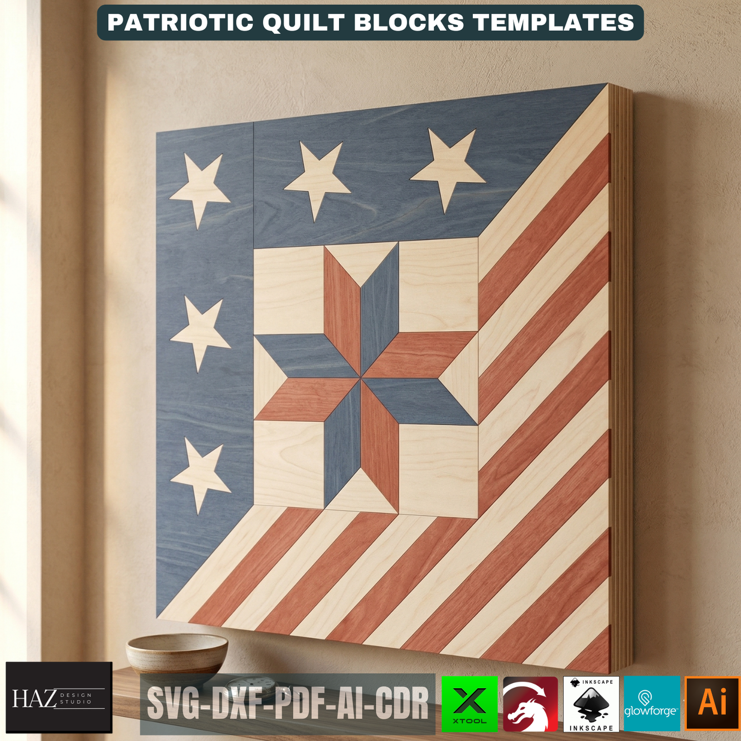 Patriotic Barn Quilt Block Patterns American Flag Wood Art Templates Fourth of July Wall Decor Independence Day 526