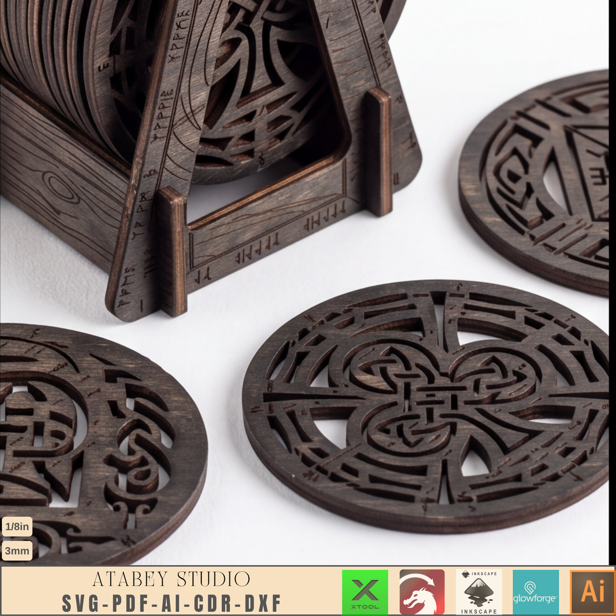 Norse Rune Poker Coasters Laser Cut File, Viking Drink Coaster Stand, Game Night Bar Gift for Him 1035