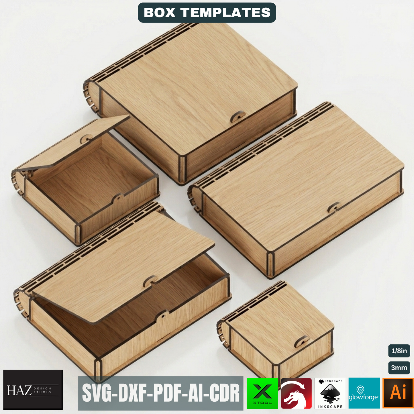 Wooden Keepsake Boxes Living Hinge Box Bundle 5 Sizes, Modern Wood Storage Templates 528