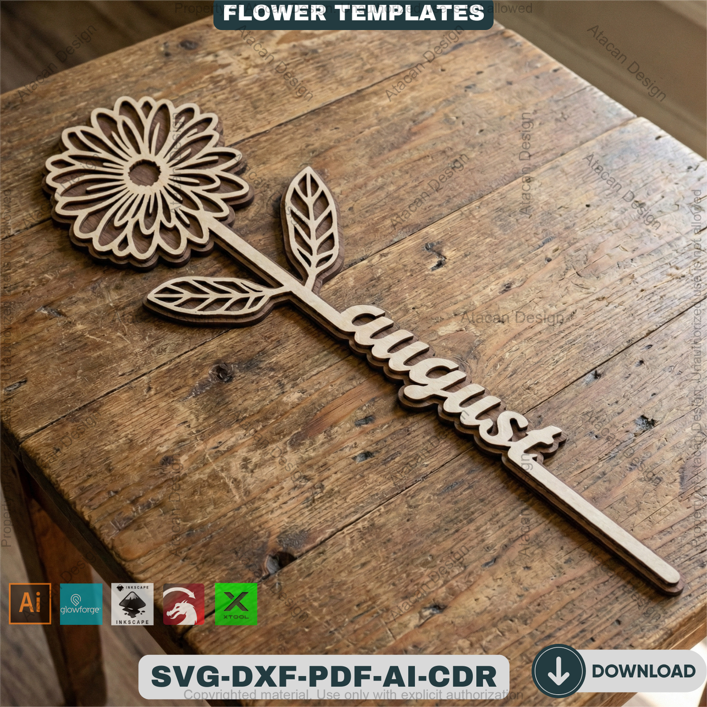 Birth Month Flower Laser Cut Bundle Wooden Floral Stakes Bouquet Topper Designs Personalised Mother Day Gift Laser Ready Templates 932