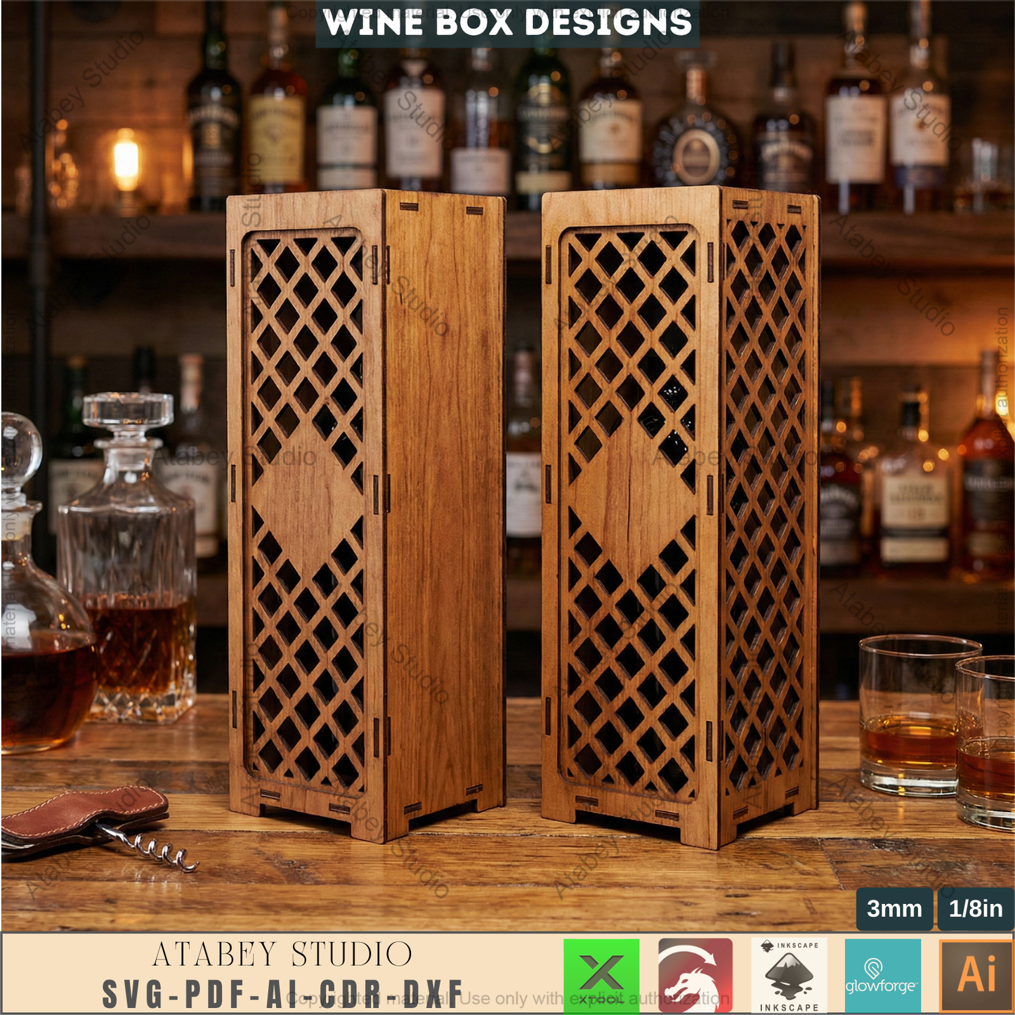 Laser Cut Wine Bottle Gift Box Bundle, Wooden Wine Carrier, Decorative Wine Box 987