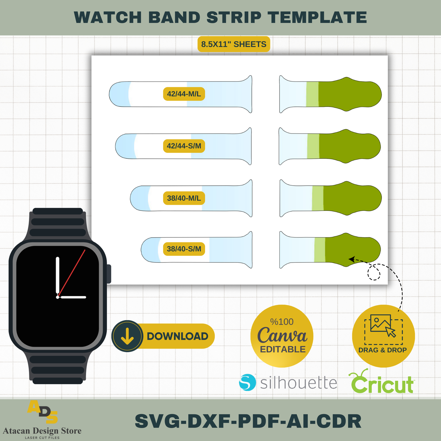 Watch Band Strip Template Pack | 100% Canva Editable | Multiple Sizes for Cricut & Silhouette 466