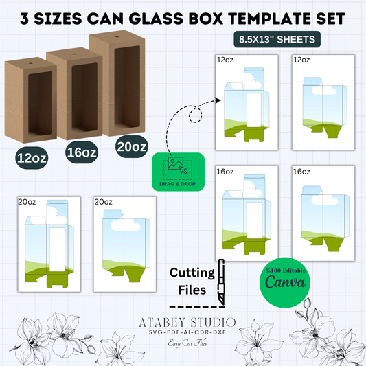 Editable Can Glass Box Template Set | 12oz 16oz 20oz | 8.5x13” Cut Files | svg, PDF, ai, CDR, DXF | Perfect for Canva Projects 899