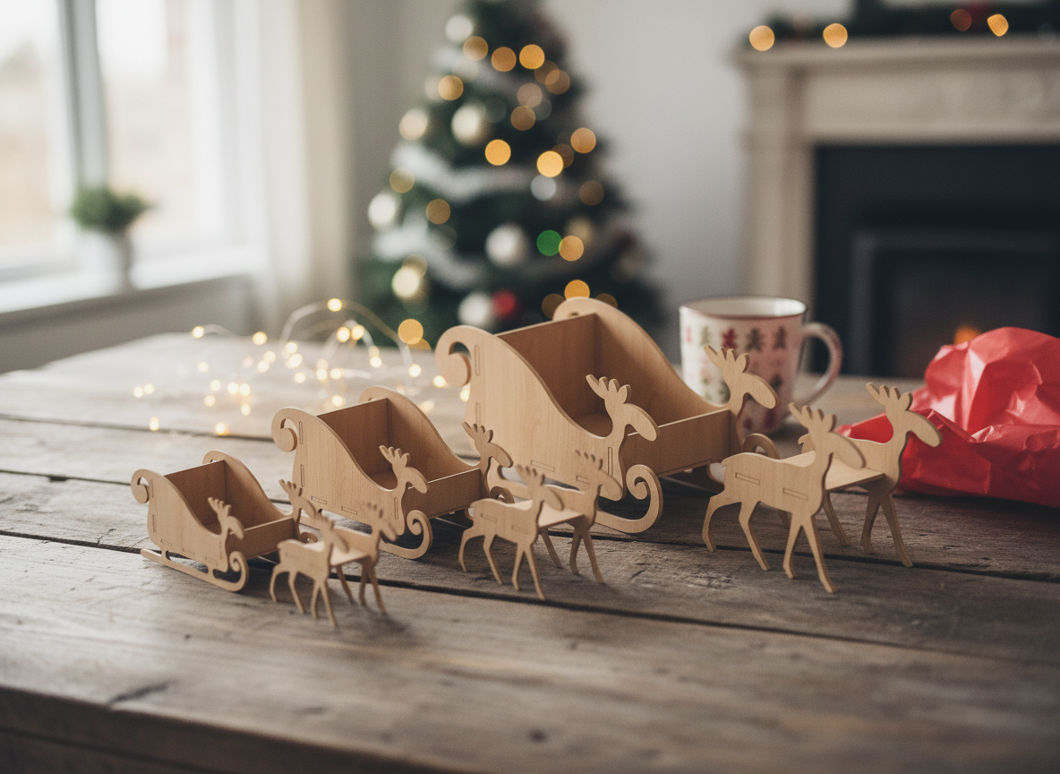 Wooden Sleigh with deer / Laser Cut Christmas Decor / Santa Reindeers and Sleds / Merry Christmas SVG Templates 676