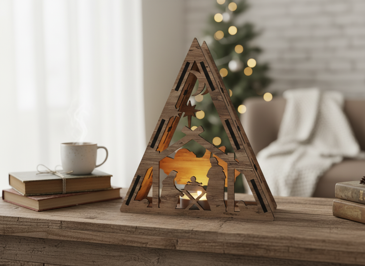 Triangle Religious Candle Holder | Laser Cut Nativity Scene Lantern | Night Light for Spiritual Decor 911