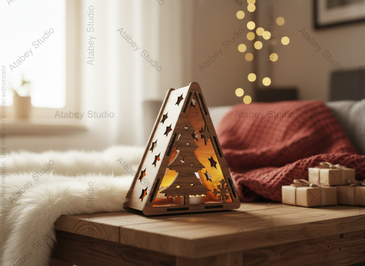 Christmas Triangle Lantern Template: Reindeer, Tree & Winter Scene Laser Cut Files 912