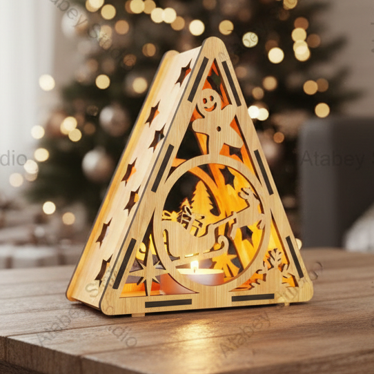 Christmas Triangle Candle Holder SVG | Laser Cut Night Light with Festive Scenes: Gingerbread, Reindeer & Trees 914