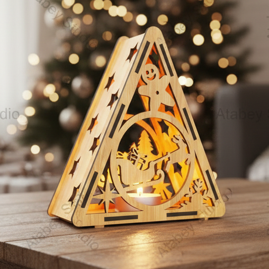 Christmas Triangle Candle Holder SVG | Laser Cut Night Light with Festive Scenes: Gingerbread, Reindeer & Trees 914