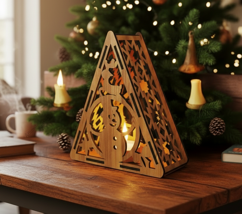 Festive Laser Cut Triangle Lantern | Christmas Tree, Snowman & Reindeer Night Light Decor 915