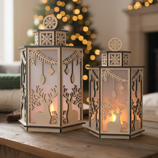 Christmas Deer Lantern Scene for Festive Table Candle Holders-Snowflake Deer Night Light Design for Holiday Laser Cutting 919