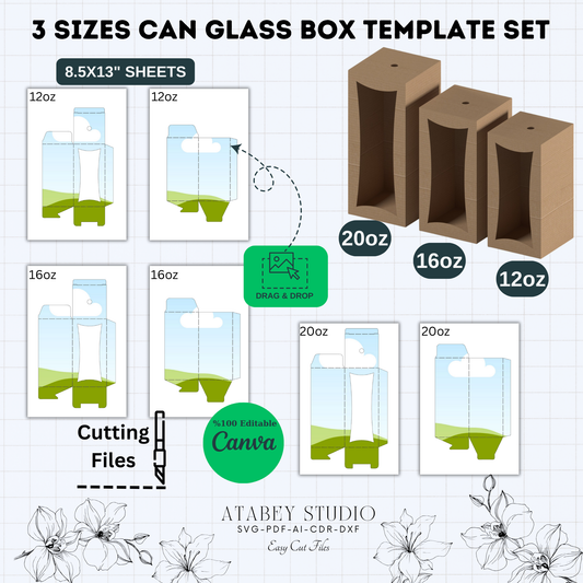 3 Sizes Can Glass Box Template | Digital Cutting Files for 12oz, 16oz, 20oz | svg, PDF, ai,DXF 900