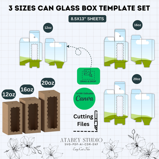 Customizable Can Glass Box Bundle | 3 Sizes, Editable on Canva, Cutting Files Included 901