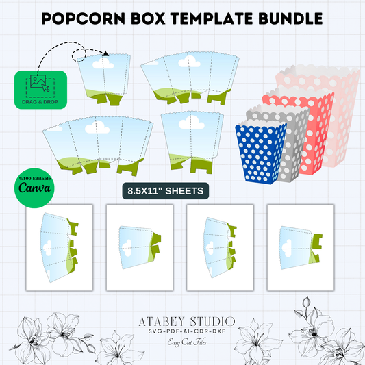 Printable Popcorn Box Template Set | DIY Party Boxes for Cricut & Silhouette | Editable in Canva | Instant Download 896