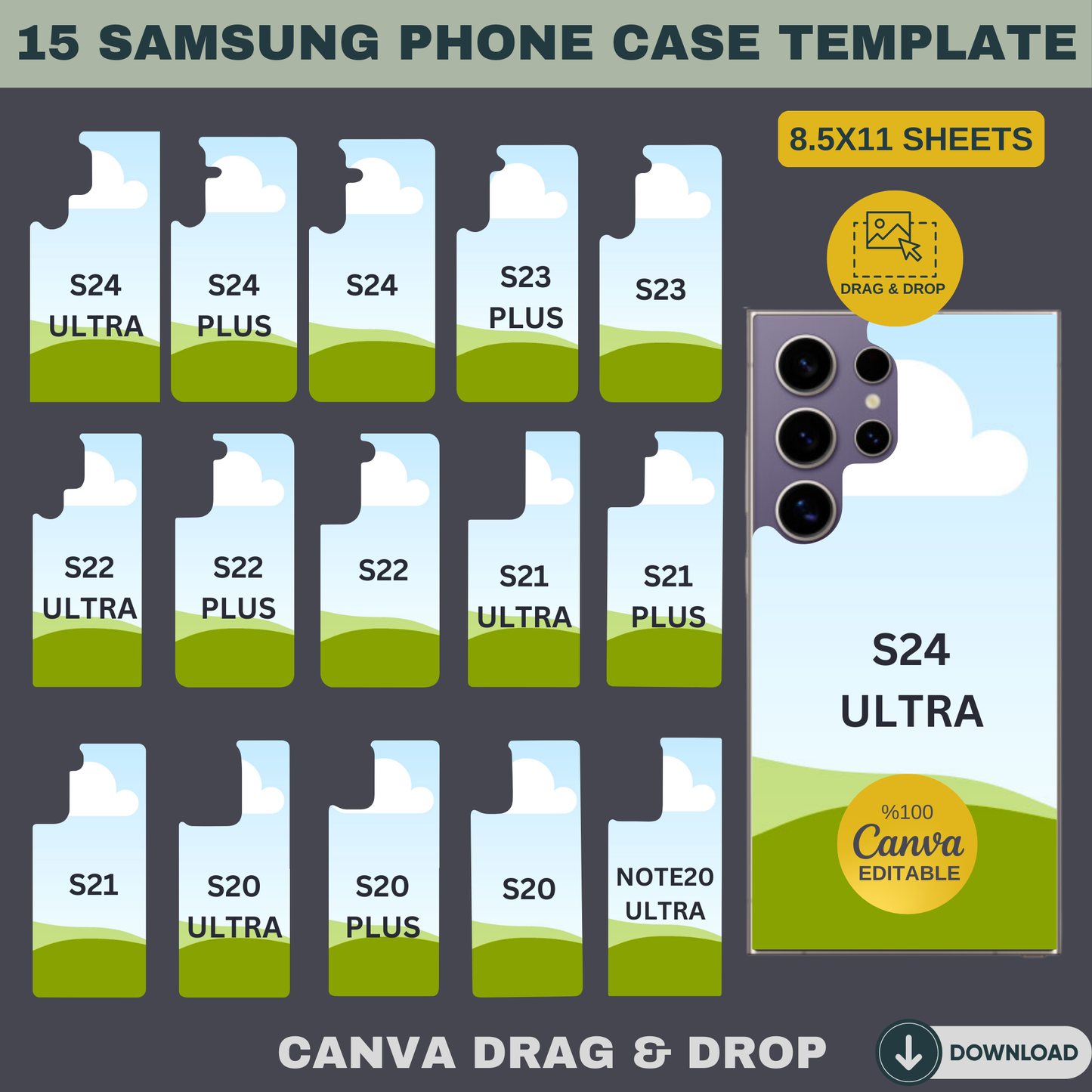 Editable Samsung Galaxy Phone Case Template Bundle  Perfect for S24 Ultra,S23, S22,S21  More | Digital Download,Drag & Drop Canva Design 823