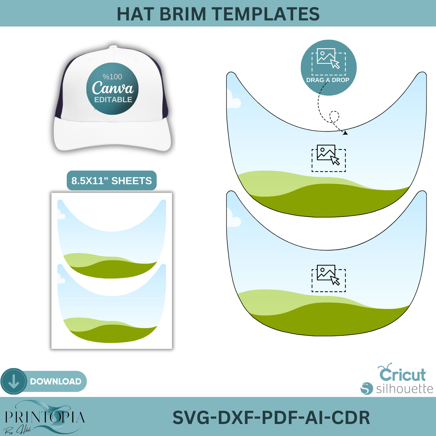 DIY Hat Brim Template, Custom Trucker Cap SVG, Baseball Hat Visor Cut File, Canva Editable Design, Instant Digital Download 306