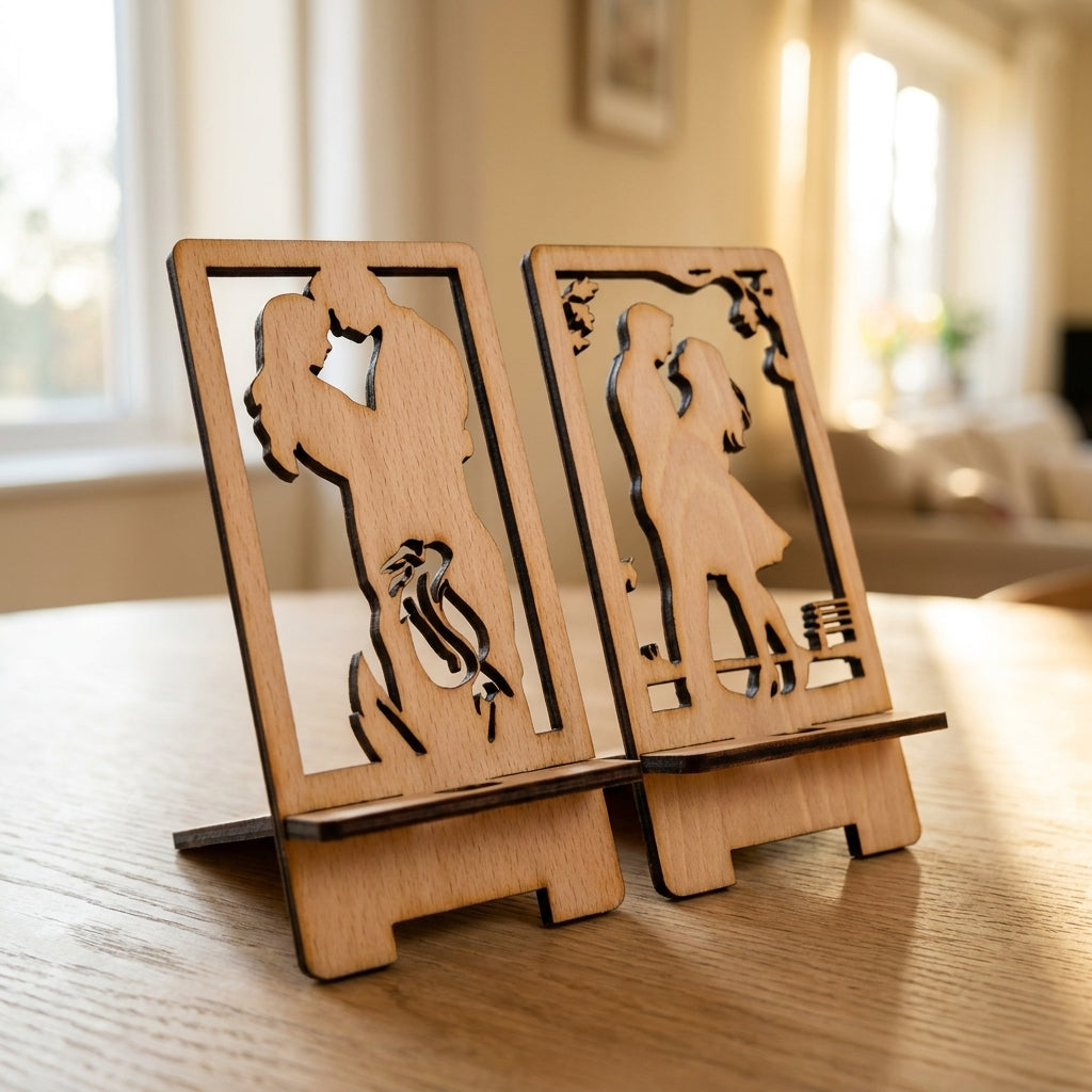 Romantic Couple Silhouette Phone Stand Template Wooden Display Holder Desk Organizer Anniversary Gift