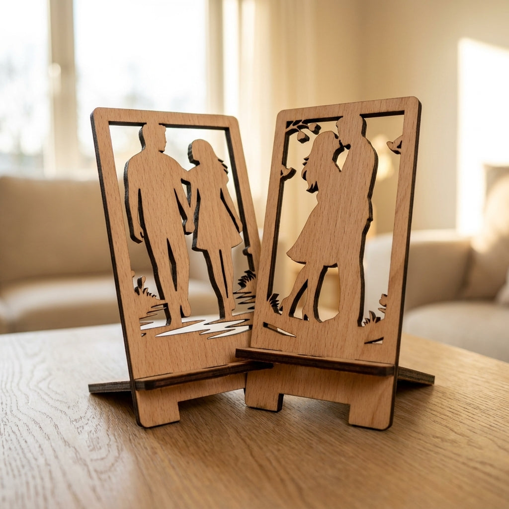 Romantic Couple Silhouette Phone Stand Template Wooden Display Holder Desk Organizer Anniversary Gift