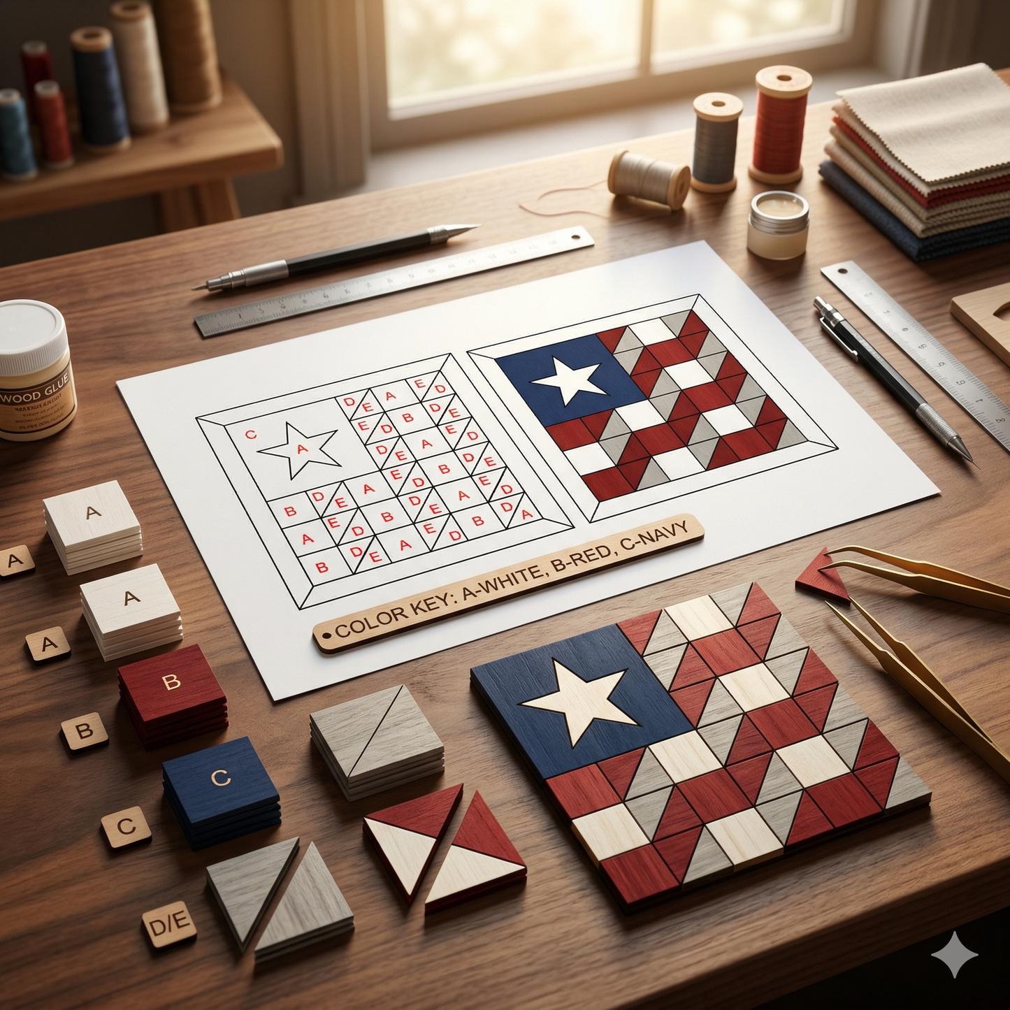 Patriotic Barn Quilt Block Pattern, Independence Day Wood Wall Art, American Flag Patchwork Frame 525