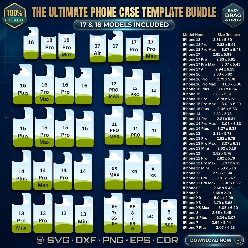 iPhone 18 Case Template Bundle, Custom Phone Case SVG, Drag & Drop Sublimation Design Files