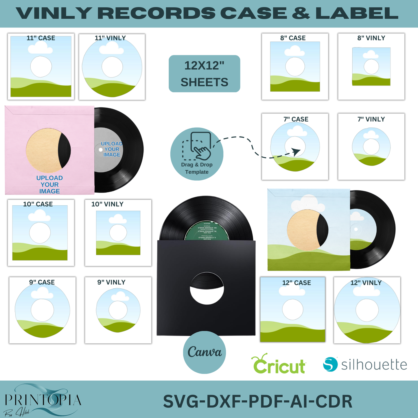 Vinyl Record Case & Label Template | 12x12" Sheets | Customizable svg, PDF, AI, DXF for Cricut, Silhouette, and Canva 163