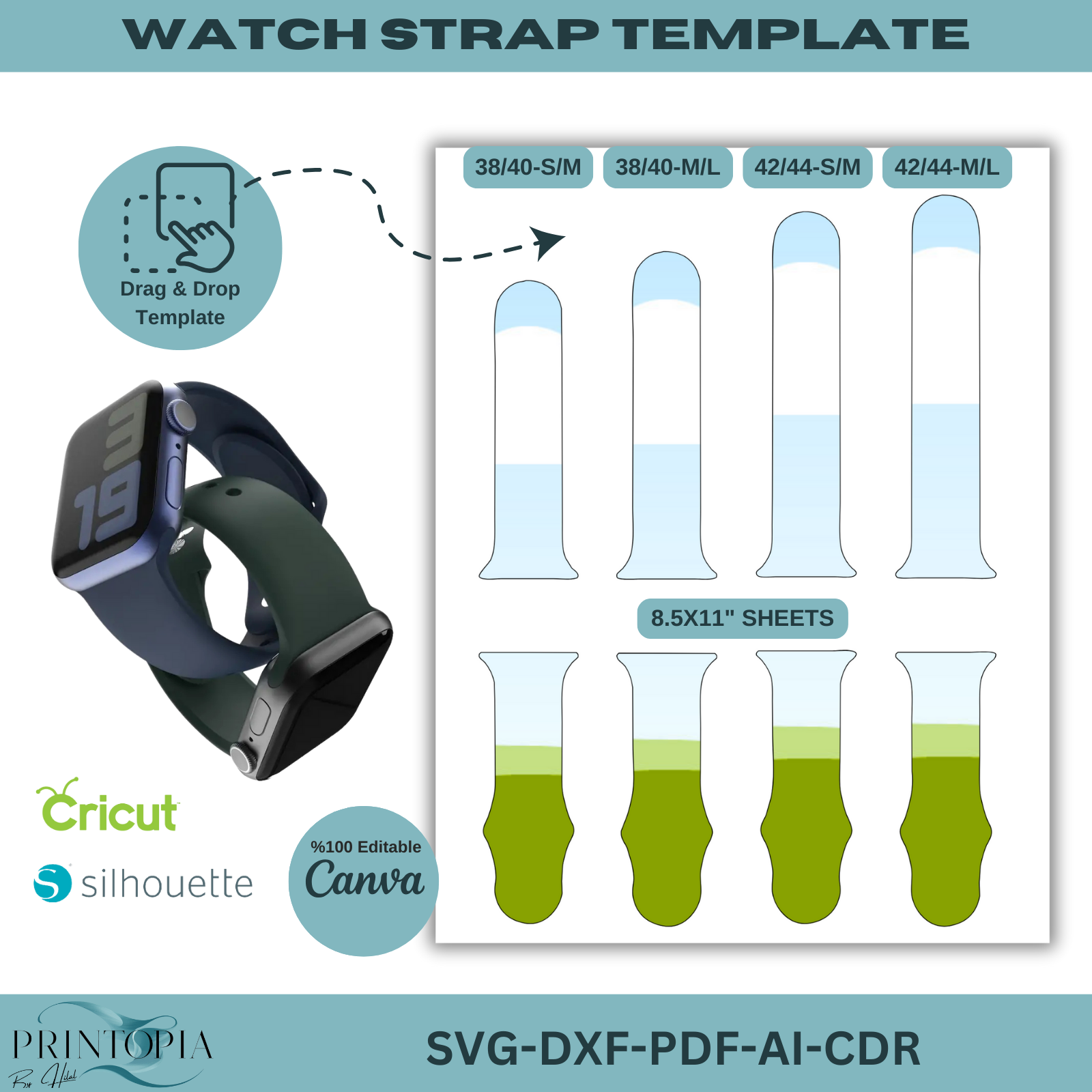 Apple Watch Shell Template.pdf DIY Watch Band Template Bundle | Perfect for cricut & silhouette | 8.5 ...