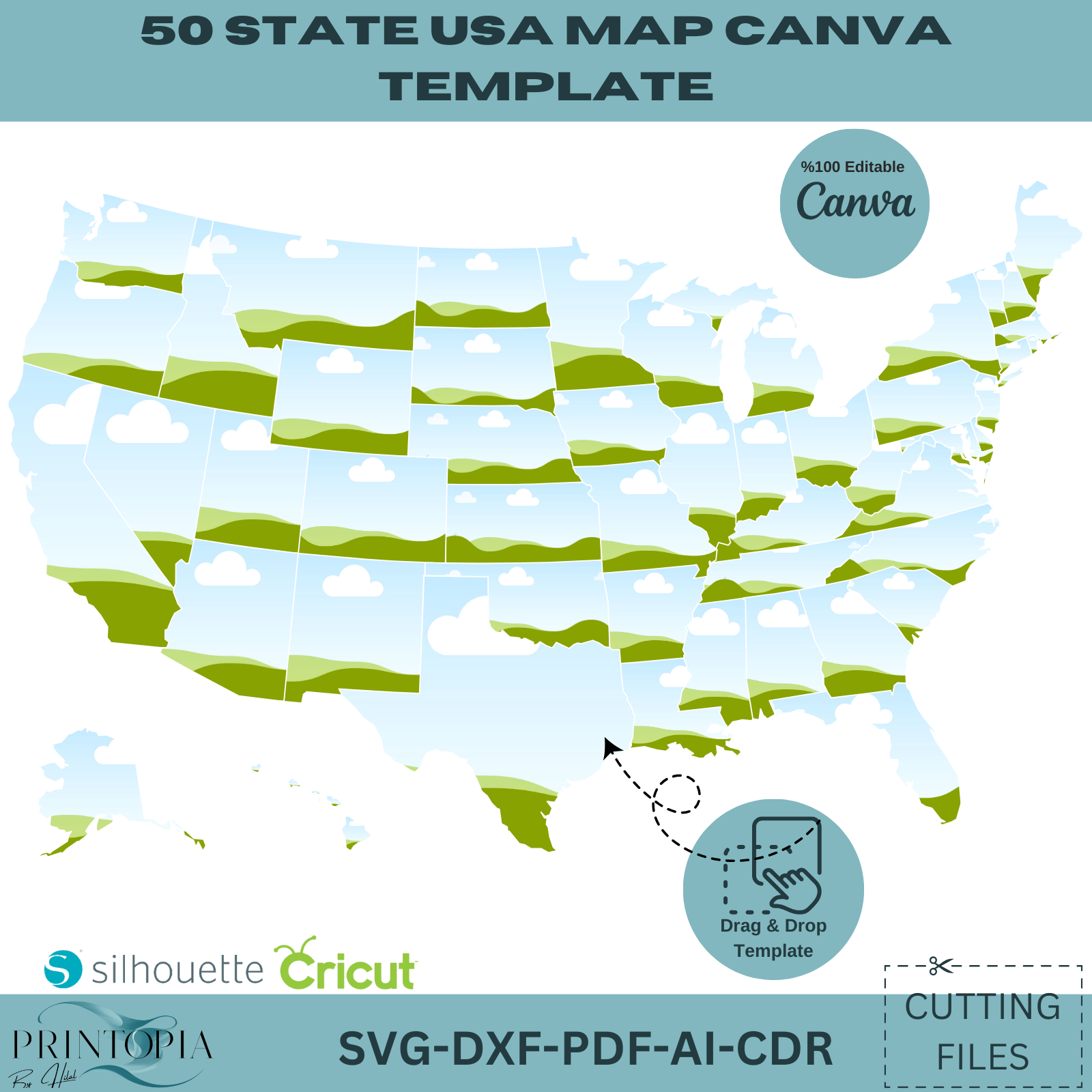 Map Template Cd R 50 State USA Map Canva Template - Editable svg, dxf, PDF, ai, CDR File ...